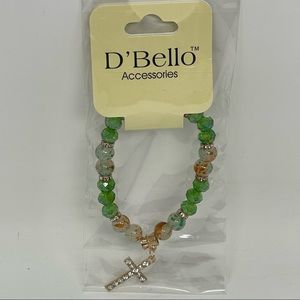 🎁 NWT! Green & Orange Beaded & CZ Diamond Gold Cross Stretch Bracelet